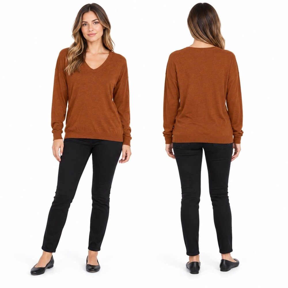 Vince Womens Rust Brown V-Neck Long Sleeve Drop Shoulder Fine Knit Sweater L